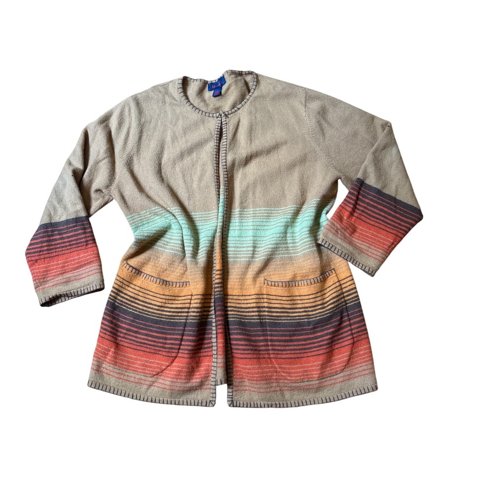 Denim & Co Cardigan Womens Tan Sunset Ombre Stripe Wool Boho SIZE 1X